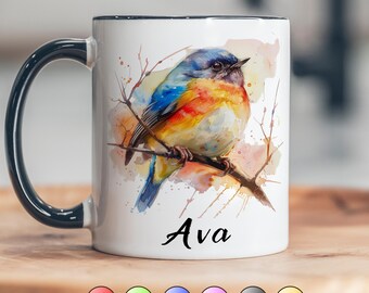 Personalized Bird Mug with Name Custom Cup Ceramic Design Nature Inspired Watercolor Art Birthday Present Enthusiast Coffee Container
