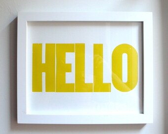 HELLO boekdruk print 8 x 10 geel