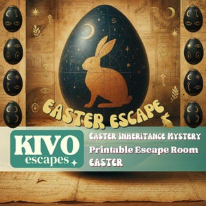 Może przedstawiać: Grafika wielkanocna z dużym, ciemnoniebieskim jajkiem z złotą sylwetką królika i napisem "Easter Escape". Obraz zawiera dekoracyjne jajka oraz tekst "KIVO escapes" i "Easter Inheritance Mystery".