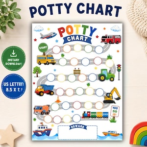 May include: A potty chart featuring a winding road path with empty circles for tracking progress. The design includes colorful illustrations of a plane, fire truck, school bus, tractor, dump truck, excavator, train, and boat, with the text POTTY CHART.