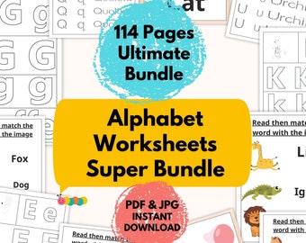 Cute Animal Alphabet Worksheets Bundle (ABC) | Preschool Learning Activity | Printable Digital File