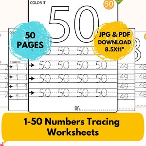 May include: A black and white printable worksheet with the number 50 in large font at the top. The worksheet has 50 lines with dotted numbers 50 to practice tracing. The worksheet is part of a set of 50 pages of number tracing worksheets for numbers 1-50. The text "JPG & PDF DOWNLOAD 8.5X11" is in a yellow circle at the top right corner of the worksheet.