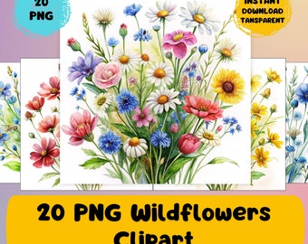 Wildflower Clipart PNG Bundle - 20 Summer Floral Graphics, Digital Download, Commercial Use, Instant Download for Crafting & Design