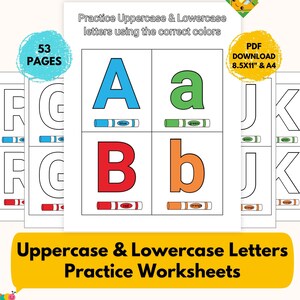 May include: Educational worksheets for practicing uppercase and lowercase letters. The pages feature colourful letters with crayon illustrations. The text reads "Practice Uppercase & Lowercase letters using the correct colours". Available in 8.5x11" and A4 sizes.