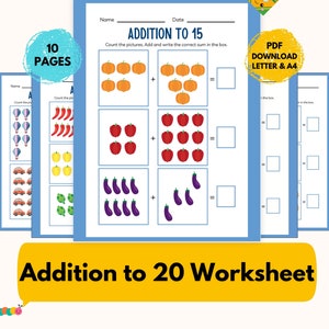 Op de afbeelding: Een printbaar werkblad voor kinderen om optellen te oefenen. Het werkblad bevat drie optelsommen met afbeeldingen van pompoenen, appels en aubergines. De sommen zijn bedoeld om kinderen te helpen leren optellen tot 15. Het werkblad heeft de titel "Optellen tot 15" en bevat de tekst "Tel de afbeeldingen. Tel op en schrijf de juiste som in het vakje."