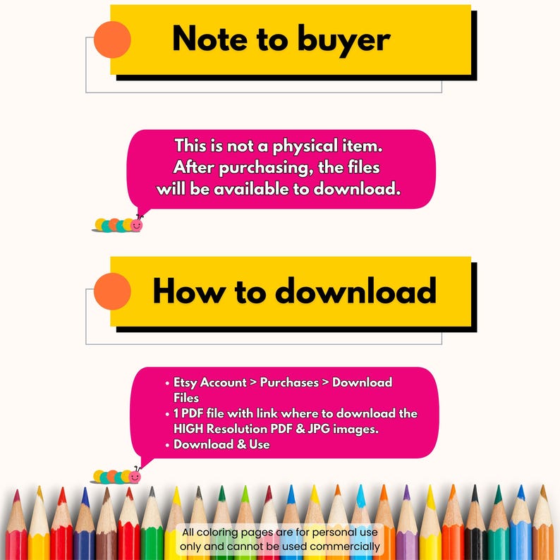 May include: A yellow and pink graphic with the text "Note to buyer" and "How to download". The text explains that the item is a digital download and provides instructions on how to download the files from Etsy.