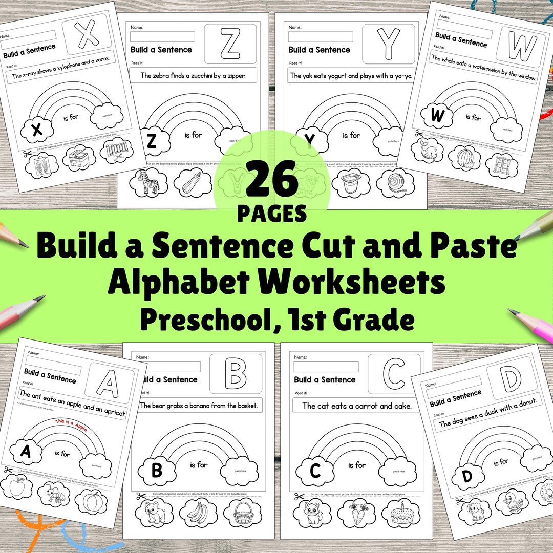 Build a Sentence Cut and Paste Activity Alphabet Worksheets Phonics ...