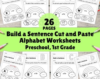 Build a Sentence Cut and Paste Activity Alphabet Worksheets Phonics Preschool, 1st Grade  Printable PDF