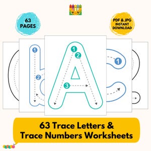 Practica y traza letras mayúsculas, minúsculas y números del 0 al 10, PDF y JPG imprimibles, 63 páginas