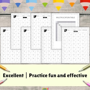May include: A collection of open workbooks with multiplication tables and practice problems. The workbooks are white with black text and a decorative border. The text "Multiplication Table" is visible. The phrase "Excellent | Practice fun and effective" is at the bottom.
