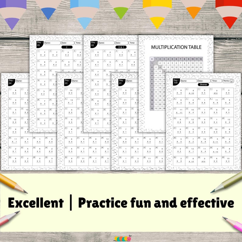 May include: A collection of open workbooks with multiplication tables and practice problems. The workbooks are white with black text and a decorative border. The text "Multiplication Table" is visible. The phrase "Excellent | Practice fun and effective" is at the bottom.