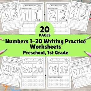May include: A collection of 20 preschool and 1st-grade worksheets for number writing practice. Each page features a large number to trace, with smaller numbers below for additional practice. The worksheets are designed to help children learn to write numbers 1-20.