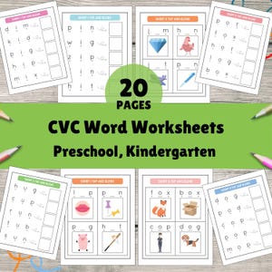 Puede incluir: Hojas de trabajo de palabras CVC para preescolar y jardín de infancia. Las hojas de trabajo presentan ejercicios para completar con ilustraciones coloridas. La imagen incluye el texto "20 PAGES" y "CVC Word Worksheets Preschool, Kindergarten."