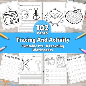 May include: A set of 102 printable tracing and activity worksheets for preschoolers. The worksheets feature various activities, including tracing letters, numbers, and shapes, as well as dot-to-dot and coloring pages. The worksheets are designed to help children develop their fine motor skills, hand-eye coordination, and pre-writing skills.