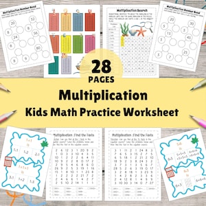 Może przedstawiać: Zestaw 28 drukowanych arkuszy ćwiczeń dla dzieci do ćwiczenia tabliczki mnożenia. Arkusze ćwiczeń zawierają różnorodne aktywności, w tym łączenie liczb, łamigłówki i znajdowanie faktów w siatce. Arkusze ćwiczeń mają na celu pomóc dzieciom w nauce i ćwiczeniu umiejętności mnożenia.