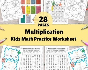 May include: A set of 28 printable worksheets for kids to practice multiplication facts. The worksheets feature a variety of activities, including number bonds, search puzzles, and finding the facts in a grid. The worksheets are designed to help children learn and practice their multiplication skills.