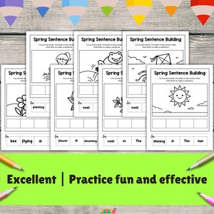 May include: A set of white educational worksheets with black line drawings and text. Each worksheet is titled "Spring Sentence Building" and features a spring-themed image and sentence structure. The bottom of the image has the text "Excellent | Practice fun and effective."