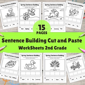 Hojas de trabajo para construir oraciones en primavera / Centro de alfabetización de 1.º y 2.º grado / Material imprimible para recortar y pegar / Actividades para la educación en el hogar / Escritura de 2.º grado