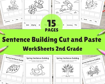 Spring Sentence Building Worksheets | 1st, 2nd Grade Literacy Center | Cut and Paste Printables | Homeschool Activities | 2nd Grade Writing