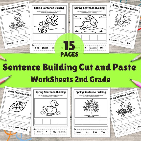 Spring Sentence Building Worksheets | 1st, 2nd Grade Literacy Center | Cut and Paste Printables | Homeschool Activities | 2nd Grade Writing