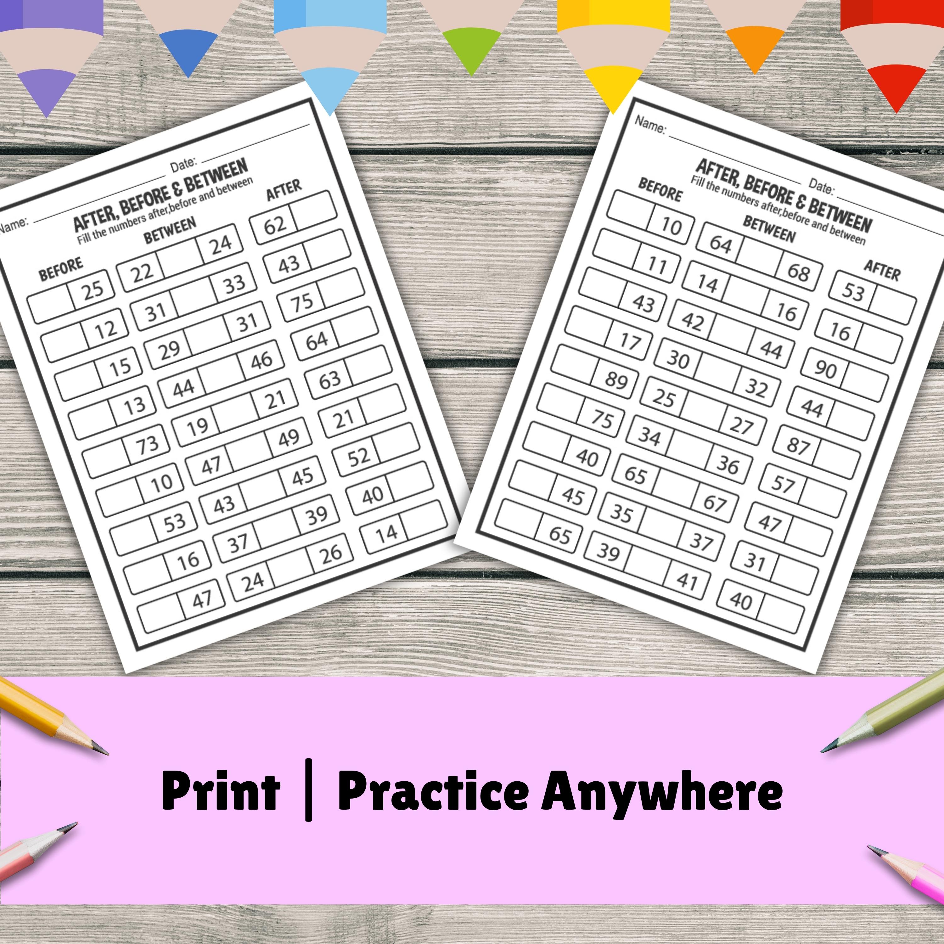30 Printable Before Between After Numbers Math Worksheets | Preschool ...