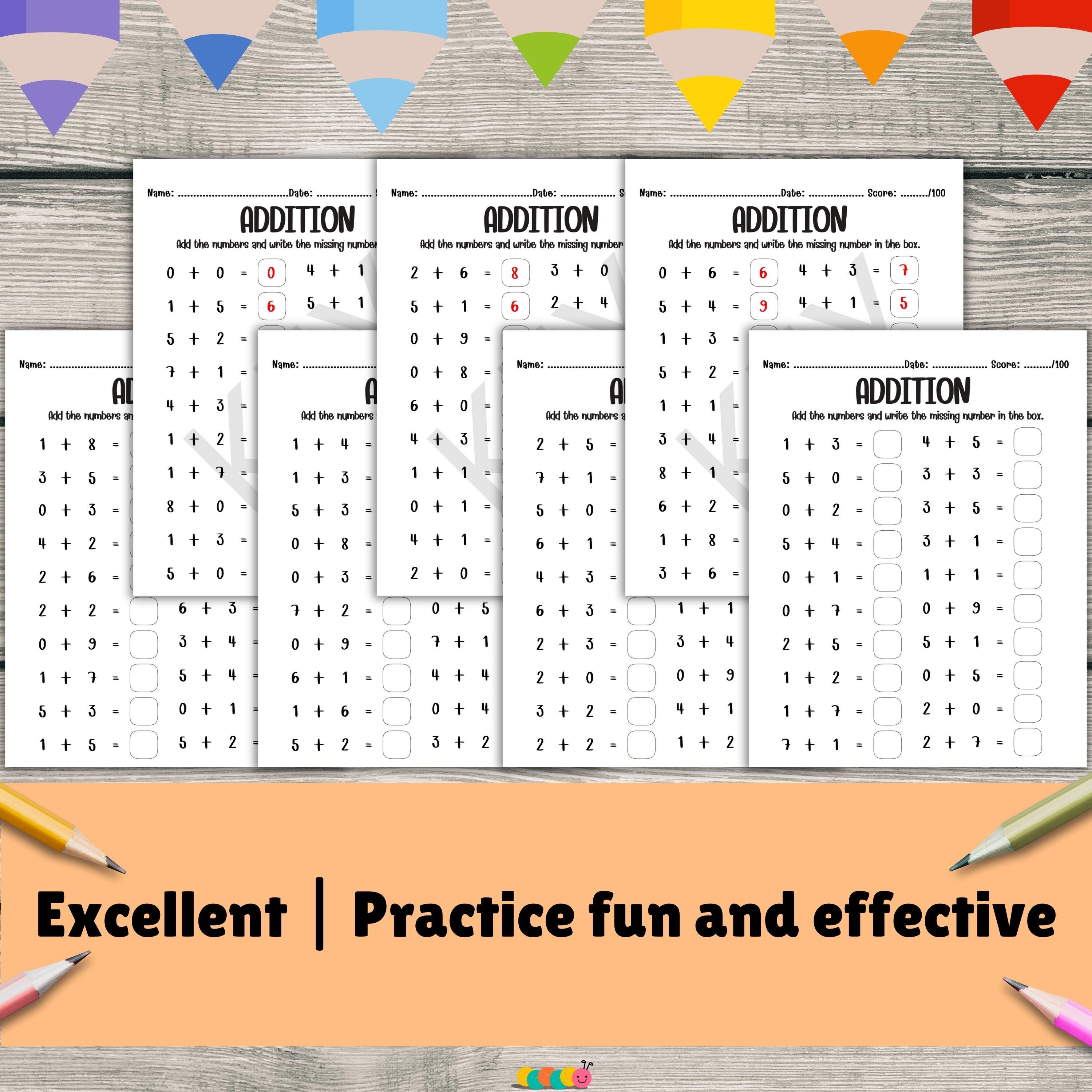 Addition 0-9 Math Worksheets Printable - Kindergarten 1st Grade Early ...