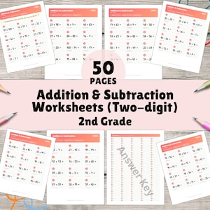 May include: A collection of 50 pages of addition and subtraction worksheets for 2nd grade students. The worksheets feature two-digit math problems with answer keys. The pages are printed on white paper with red headers.