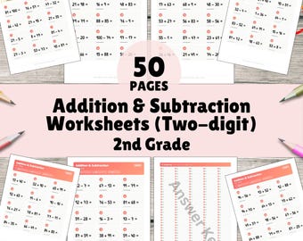 2nd Grade Math Worksheets Addition Subtraction Two Digit Practice PDF Printable 50 Pages with Answer Key