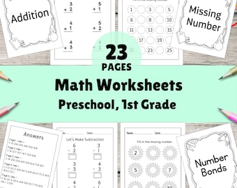 23 Printable Math Worksheets for 1st Grade, Preschool Learning Number, Counting, Simple Addition, Subtraction, Tracing, Math Drills