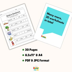 May include: Two white worksheets with educational content. One worksheet is titled "Build a Sentence" with fill-in-the-blank exercises. The other worksheet has a blue speech bubble with the text "Many more, 30 worksheets in total". The image also includes the text "30 Pages", "8.5x11" & A4", and "PDF & JPG Format".