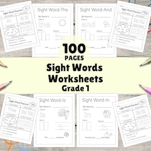 May include: A collection of 100-page sight word worksheets for Grade 1 students. The worksheets are printed on white paper and feature various sight words with activities like coloring, tracing, and sentence writing. Pencils are visible in the corners.