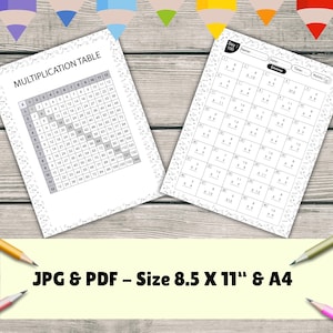 May include: Two printable multiplication worksheets. One is a multiplication table, and the other is a daily math practice sheet. The worksheets are white with black text and are sized at 8.5 x 11 inches and A4.
