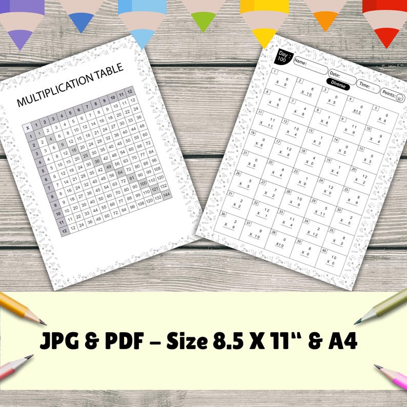 May include: Two printable multiplication worksheets. One is a multiplication table, and the other is a daily math practice sheet. The worksheets are white with black text and are sized at 8.5 x 11 inches and A4.
