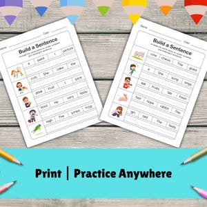 build a sentence, sentence writing, kids worksheet, kindergarten activity, preschool learning, homeschool printable, grammar practice, language arts, educational resource, writing skills, reading readiness, instant download, teacher supplies