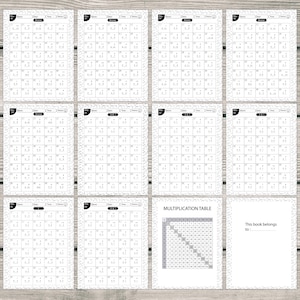 May include: A black and white multiplication table workbook. The workbook contains multiple pages with multiplication practice problems and a multiplication table. The cover includes the text "Multiplication Table" and a space to write the owner's name.