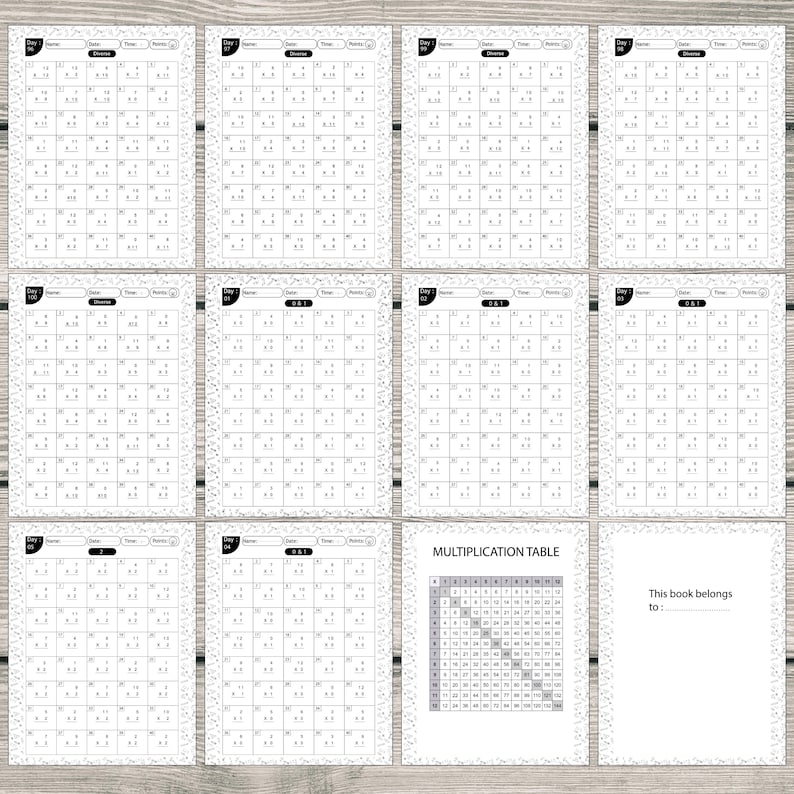 May include: A black and white multiplication table workbook. The workbook contains multiple pages with multiplication practice problems and a multiplication table. The cover includes the text "Multiplication Table" and a space to write the owner's name.