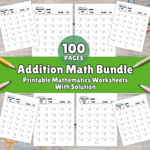 Puede incluir: Un conjunto de 100 hojas de trabajo de matemáticas de suma imprimibles para niños. Cada hoja de trabajo tiene 30 problemas de suma y está etiquetada con un número de día. Las hojas de trabajo están diseñadas para ayudar a los niños a practicar sus habilidades de suma.