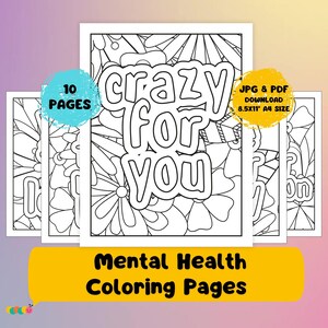 10 páginas para colorir sobre saúde mental Livro de colorir para adultos Afirmações positivas Atenção plena Alívio do estresse Para imprimir Baixar PDF de autocuidado JPG