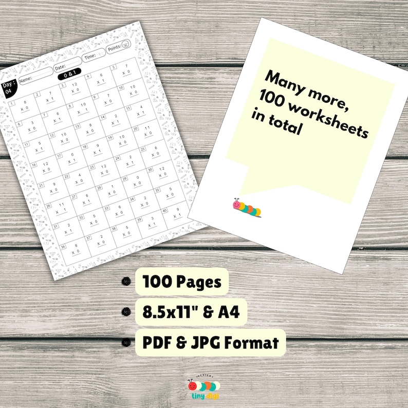 May include: Two white worksheets with math problems and the text "Many more, 100 worksheets in total." The image also includes the text "100 Pages", "8.5x11" & A4", and "PDF & JPG Format".