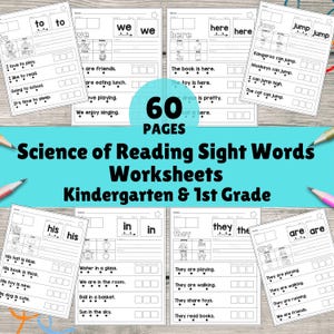 May include: A collection of 60-page sight word worksheets for kindergarten and 1st grade. Each worksheet features sentences with fill-in-the-blank exercises. The worksheets are designed to help children learn to read and write sight words.