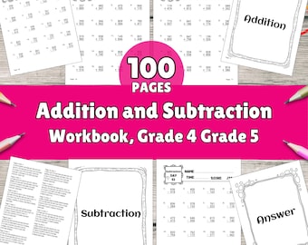 Cuaderno de ejercicios de matemáticas de 4.º grado, ejercicios imprimibles de suma y resta, recurso para la educación en casa de 4.º grado, descarga instantánea