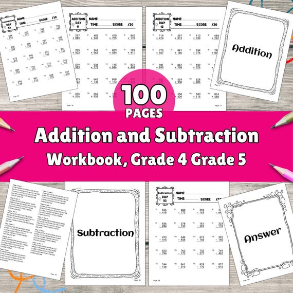 Grade 4 Math Workbook, Printable Addition & Subtraction Practice, 4th Grade Homeschool Resource, Instant Download