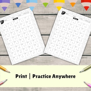 May include: Two white multiplication practice sheets with a grid of math problems. The text "Print | Practice Anywhere" is at the bottom. The sheets are on a wooden surface with colorful pencils in the corners.
