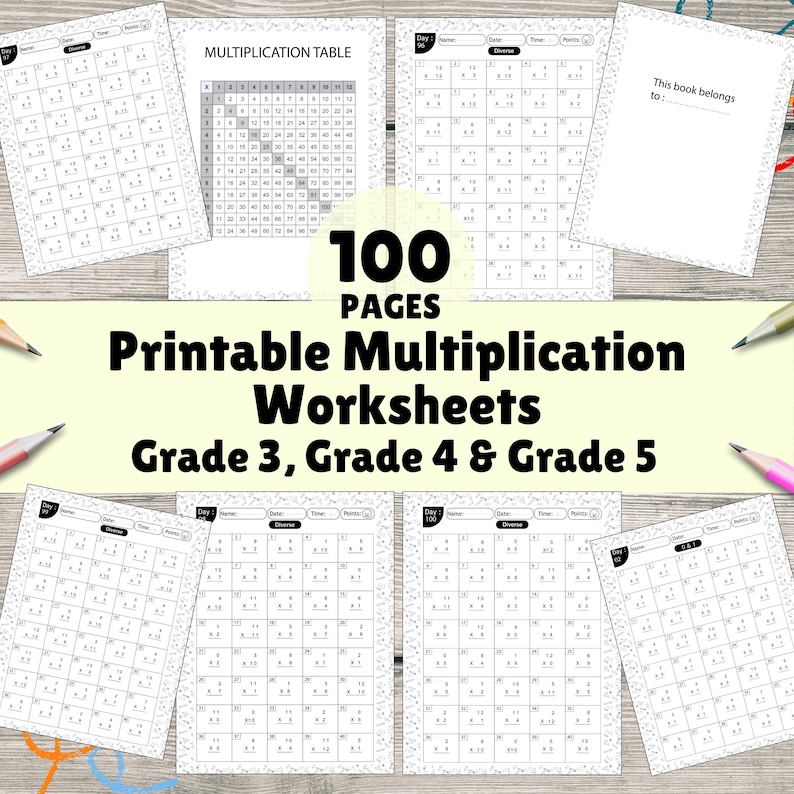 May include: A collection of 100 printable multiplication worksheets for grades 3, 4, and 5. The worksheets are black and white and feature multiplication tables and practice problems. The cover includes the text "100 Pages Printable Multiplication Worksheets Grade 3, Grade 4 & Grade 5".