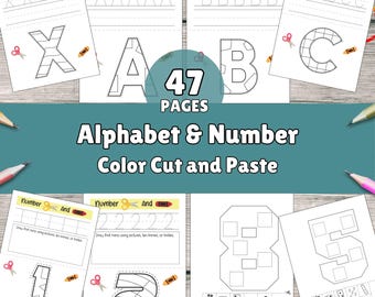 Alphabet Number Cut and Paste Worksheets | ABC 123 Cut and Paste Worksheets | HPrintable Letter, Number Recognition & Scissor Skills