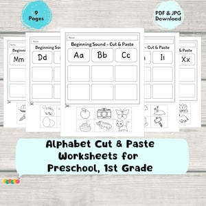 Puede incluir: Un conjunto de hojas de trabajo blancas del alfabeto con el texto "Alphabet Cut & Paste Worksheets for Preschool, 1st Grade." Cada hoja de trabajo presenta letras e imágenes correspondientes para actividades de cortar y pegar. La imagen también incluye el texto "PDF & JPG Download."