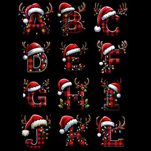 Puede incluir: Un conjunto de letras de la A a la L, cada una diseñada con un patrón de cuadros rojos y negros. Cada letra está adornada con un gorro de Papá Noel, cuernos de reno y luces navideñas de colores sobre un fondo negro.