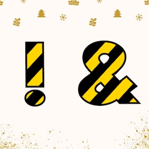 Pacote de alfabeto e números de construção SVG PNG, tema de construtor de aniversário infantil, download digital de letras brilhantes com fita de advertência, uso comercial