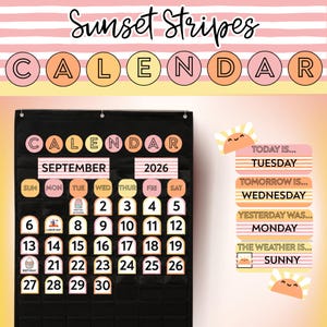 May include: A black pocket chart calendar for September 2026 with pink and yellow striped headers. It includes circular day-of-the-week labels, numbered date cards, and rectangular cards for today, tomorrow, yesterday, and weather status.