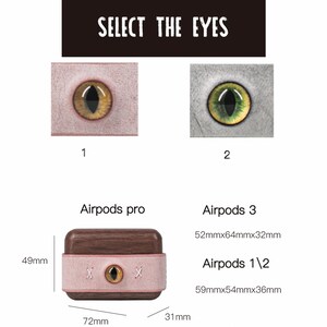 May include: Two different eye designs for a custom AirPods case. The first eye is brown with a black pupil and the second eye is green with a black pupil. The text "SELECT THE EYES" is at the top of the image.